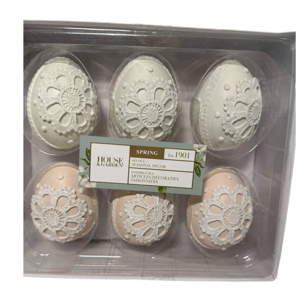 House &‎ Garden Wooden Easter Eggs Set of 6 Lace Cottage Grandmillennial Decor